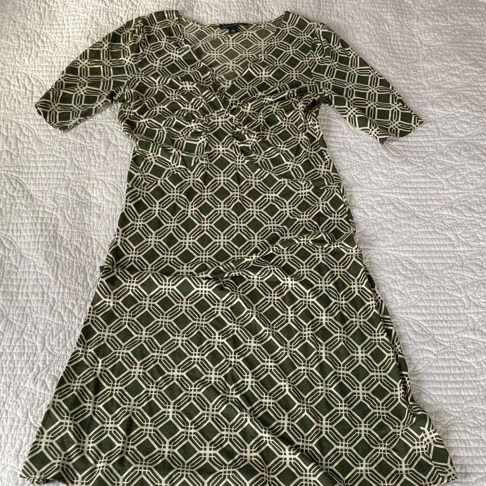 Banana Republic Silk Cotton Midi Patterned Green Dress, Medium